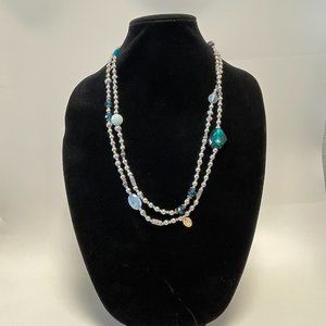Chico's Extra Long Silver Tone Beaded Necklace w/ Shades of Blue Glass Beads